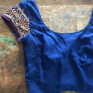Indian silk beaded crop top in royal blue gold and fuchsia